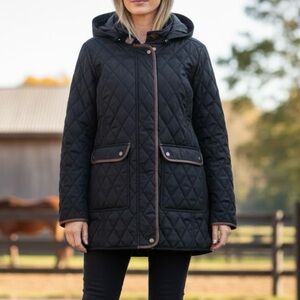English Country Black Quilted Diamond Barn Jacket Brown Leather Trim Equestrian